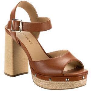 Sun + Stone size 9.5  M Teagann Faux
Leather Open Toe platform Pumps Cognac